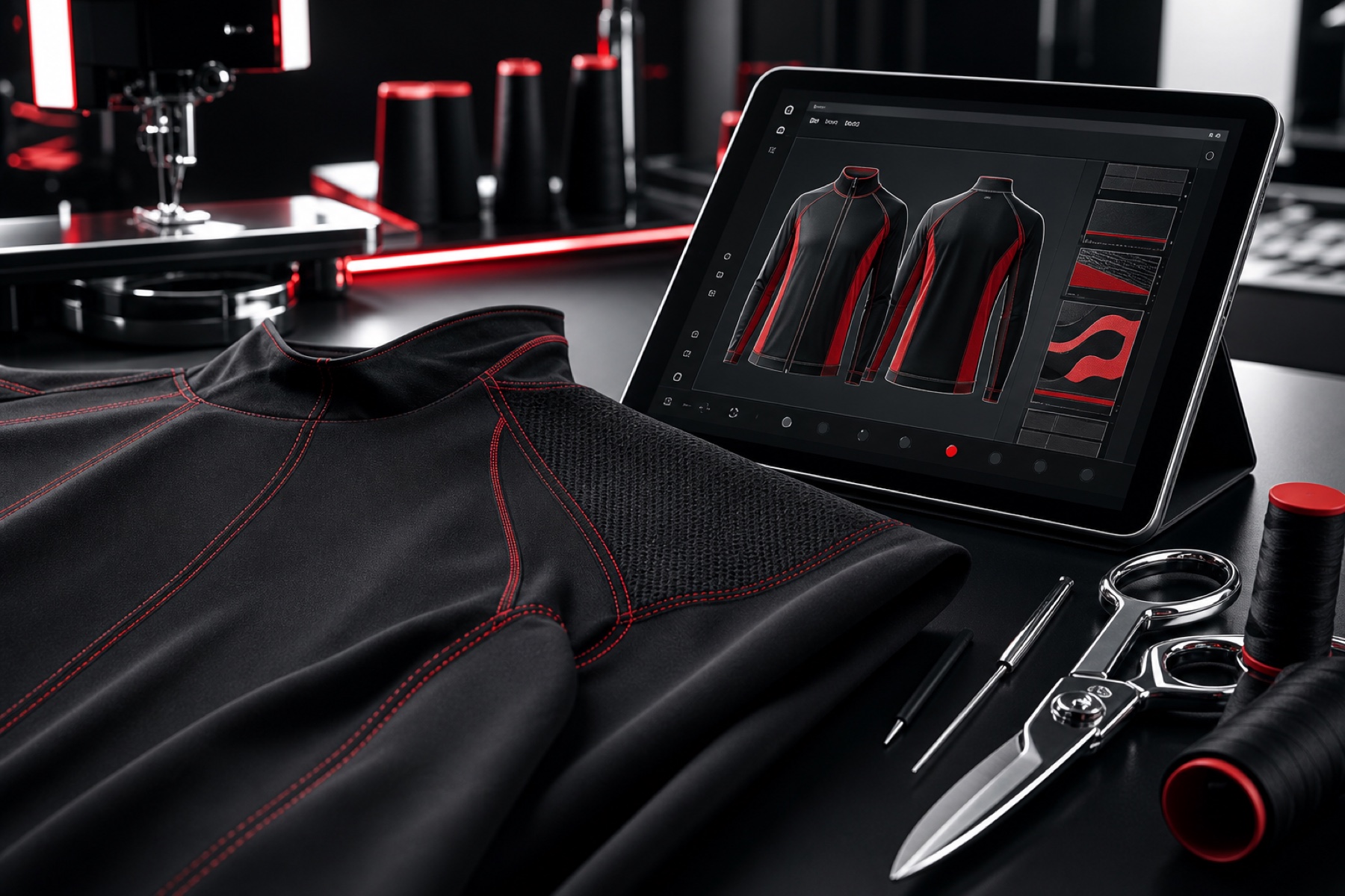 Black and red performance apparel being prepared in a professional design studio