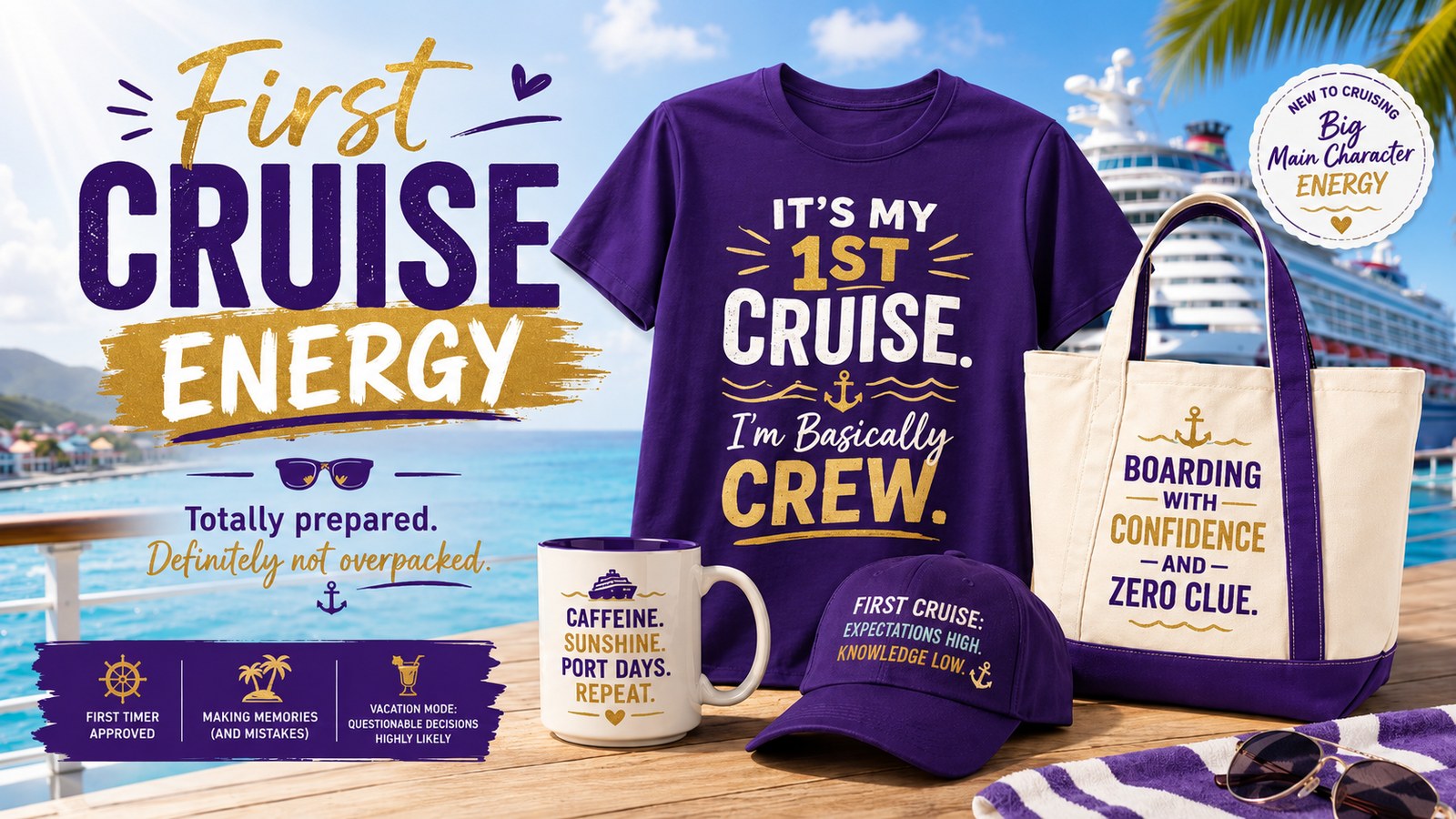 First Cruise Energy collection: purple and gold first cruise tee, mug, cap and tote