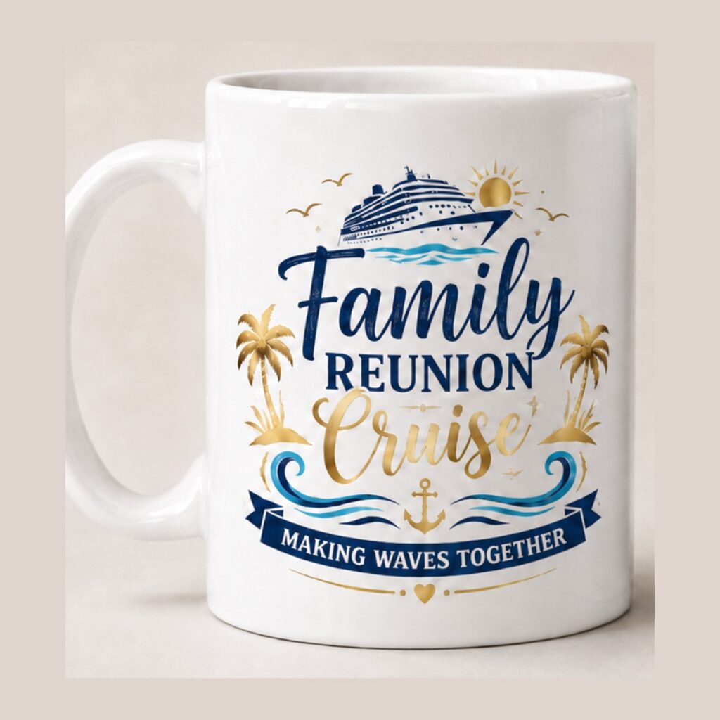 White ceramic Family Reunion Cruise mug with navy and gold cruise ship design