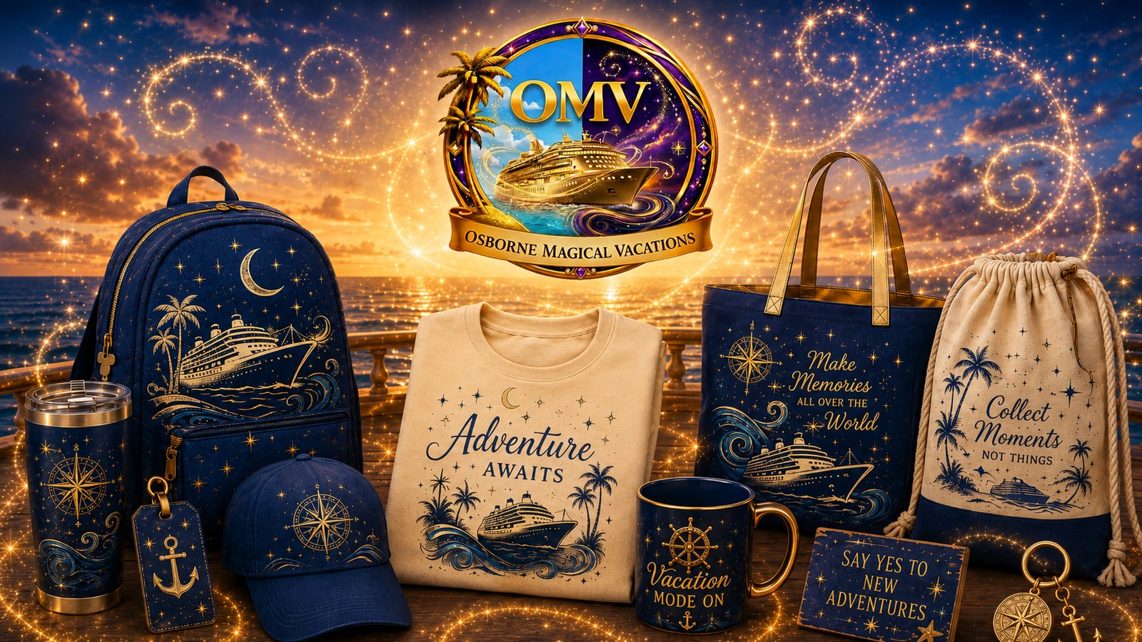 Adventure Awaits collection: navy and gold backpack, tumbler, tee, tote, mug, cap and drawstring bag