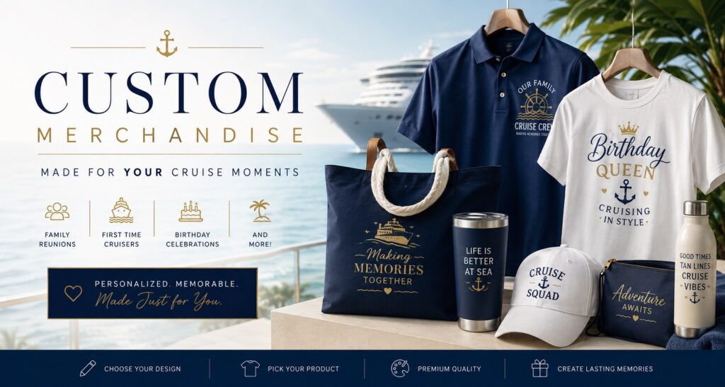 Custom cruise merchandise collection: tote, tumbler, polo, tee, cap and water bottle for family reunions, first-time cruisers and birthday celebrations