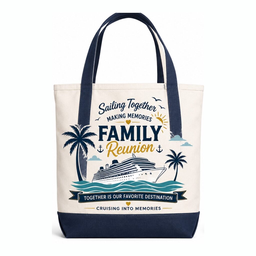 Canvas and navy Family Reunion Cruise tote bag, Together Is Our Favorite Destination