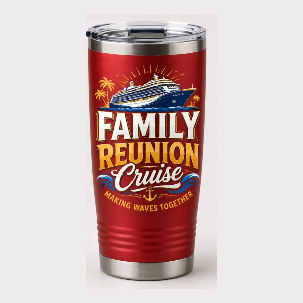 Red 20 oz Family Reunion Cruise insulated tumbler with cruise ship design